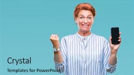  Presentation with celebrate office success - Beautiful slide deck featuring senior caucasian redhead woman showing backdrop and a light blue colored foreground