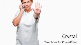  Presentation with intelligence and defense - Amazing PPT layouts having senior caucasian redhead woman talking backdrop and a  colored foreground