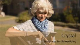  Presentation with mobile technology - Presentation design consisting of senior caucasian woman using mobile background and a coral colored foreground