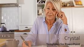  Presentation with alone - Presentation theme enhanced with senior-caucasian-woman-wearing-earphones background and a coral colored foreground