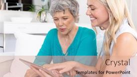  Presentation with long hair - PPT theme consisting of senior-caucasian-woman-wearing background and a coral colored foreground