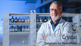  Presentation with glass chemistry lab equipment - PPT layouts consisting of senior chemistry professor doctor background and a light blue colored foreground