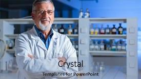  Presentation with glass chemistry lab equipment - Cool new PPT theme with senior chemistry professor doctor backdrop and a light blue colored foreground