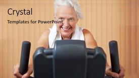  Presentation with active exercise elderly - Slides with senior citizen center - elderly woman exercising on bicycle background and a coral colored foreground