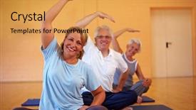  Presentation with gym out and back - PPT layouts enhanced with senior citizen center - fitness group in gym doing background and a yellow colored foreground