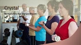  Presentation with gym - PPT layouts enhanced with senior citizen center - group working out with dumbbells background and a mint green colored foreground