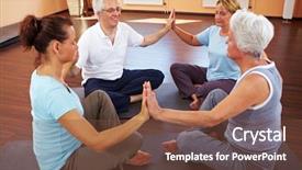  Presentation with circle - Amazing PPT layouts having senior citizen center - happy group meditating in circle backdrop and a  colored foreground