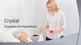  Presentation with senior citizen - Presentation theme featuring family drugs - woman gives sick tablet background and a light gray colored foreground