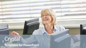  Presentation with senior citizen - Slide set consisting of senior citizen learning in computer background and a light blue colored foreground