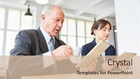  Presentation with senior citizen - Beautiful slide set featuring senior citizen reading internet online message on tablet computer backdrop and a soft green colored foreground