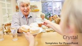  Presentation with senior citizen - Audience pleasing presentation consisting of senior-citizen-serves-a-pancake backdrop and a coral colored foreground