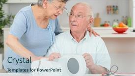  Presentation with senior citizen - Beautiful presentation design featuring senior citizen testing electrical appliance backdrop and a  colored foreground