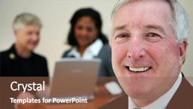  Presentation with team - Slide set with senior citizens computer - business team at the office background and a  colored foreground