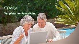  Presentation with internet - Presentation design having senior citizens computer - retired couple buying something background and a tawny brown colored foreground