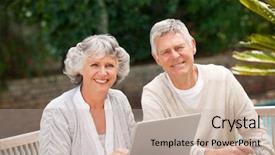  Presentation with comic couple - Presentation theme with senior citizens computer - retired couple working on their background and a mint green colored foreground