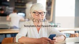  Presentation with order - Presentation theme with senior client of cafe sitting by table and texting in smartphone while waiting for her order background and a soft green colored foreground