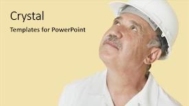  Presentation with senior worker - PPT layouts consisting of senior construction worker with hardhat looking up over yellow background background and a lemonade colored foreground