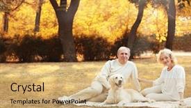  Presentation with dog park - Colorful slides enhanced with senior couple and big dog sitting on grass in park backdrop and a coral colored foreground