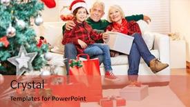  Presentation with gifts - Colorful slide deck enhanced with senior couple and grandson celebrating christmas at home with gifts backdrop and a coral colored foreground