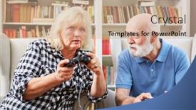  Presentation with senior living - Cool new PPT theme with senior couple as vital retiree at video game console in the living room backdrop and a coral colored foreground