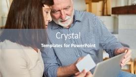  Presentation with purchasing - Presentation theme having senior-couple-at-laptop-computer background and a light blue colored foreground