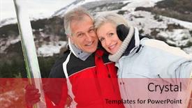  Presentation with ski - PPT theme enhanced with senior couple at ski resort background and a crimson colored foreground
