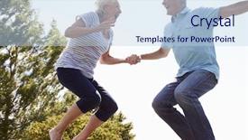  Presentation with senior couple - Amazing PPT theme having senior couple bouncing on trampoline backdrop and a light blue colored foreground