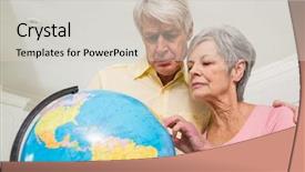  Presentation with destination - PPT layouts consisting of senior couple choosing a travel destination at home in the kitchen background and a light gray colored foreground