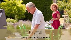  Presentation with outdoor party - PPT theme enhanced with senior-couple-cooking-outdoor-barbeque background and a yellow colored foreground