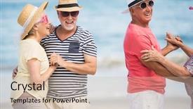  Presentation with dancing - Amazing PPT layouts having senior couple dancing on the beach on a sunny day backdrop and a soft green colored foreground