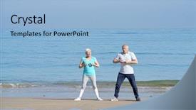  Presentation with stretching - Amazing slide set having senior couple doing stretching exercices on the beach backdrop and a light blue colored foreground