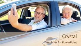  Presentation with old car - PPT theme featuring senior couple driving in car background and a  colored foreground