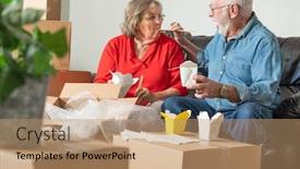  Presentation with chinese food - Amazing PPT theme having senior couple enjoying chinese food surrounded by moving boxes backdrop and a coral colored foreground