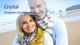  Presentation with peaceful - Amazing PPT theme having senior couple enjoying peaceful time at the beach backdrop and a sky blue colored foreground