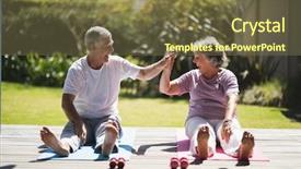  Presentation with senior couple - Colorful PPT layouts enhanced with senior couple giving high five backdrop and a tawny brown colored foreground