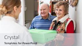  Presentation with senior couple - Colorful presentation theme enhanced with senior-couple-greeting-volunteer-woman backdrop and a sky blue colored foreground