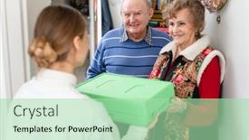  Presentation with senior couple - Beautiful slides featuring senior-couple-greeting-volunteer-woman backdrop and a mint green colored foreground