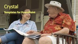  Presentation with caravan - Slides having senior couple having conversation with caravan in the background background and a tawny brown colored foreground