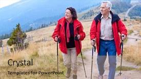  Presentation with walking nordic - Cool new theme with nordic walking - senior-couple hiking in the nature backdrop and a coral colored foreground