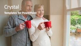  Presentation with active seniors senior couple - Theme with senior couple holding red mugs background and a coral colored foreground