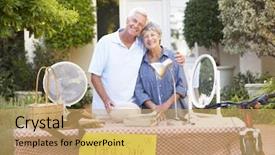  Presentation with yard sale - PPT layouts enhanced with senior couple holding yard sale background and a yellow colored foreground
