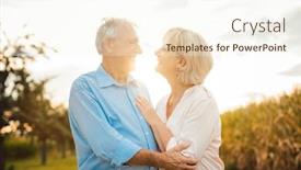  Presentation with people helping each teamwork couple - Presentation theme featuring senior couple hugging each other outdoors during sunset background and a cream colored foreground