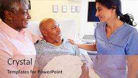  Presentation with recovery room - Presentation design enhanced with senior couple in hospital room background and a coral colored foreground