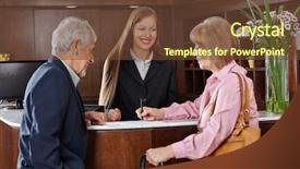  Presentation with active seniors senior couple - Beautiful theme featuring senior couple in hotel signing backdrop and a tawny brown colored foreground