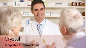  Presentation with hospital pharmacy - Slide deck having senior couple in pharmacy background and a coral colored foreground
