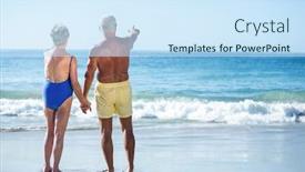  Presentation with horizon - Colorful presentation design enhanced with senior couple in the water pointing the horizon at the beach backdrop and a sky blue colored foreground