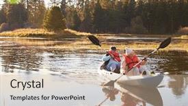  Presentation with lake front - Colorful presentation theme enhanced with senior couple kayaking on lake backdrop and a mint green colored foreground