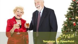  Presentation with christmas party - Theme having senior couple laughing and drinking champagne at a christmas party isolated on white background and a tawny brown colored foreground