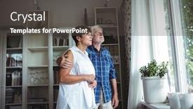 Presentation with senior living - Presentation consisting of senior couple looking through window in living room background and a dark gray colored foreground