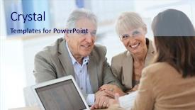  Presentation with active seniors senior couple - Cool new PPT theme with advising - senior couple meeting financial adviser backdrop and a sky blue colored foreground